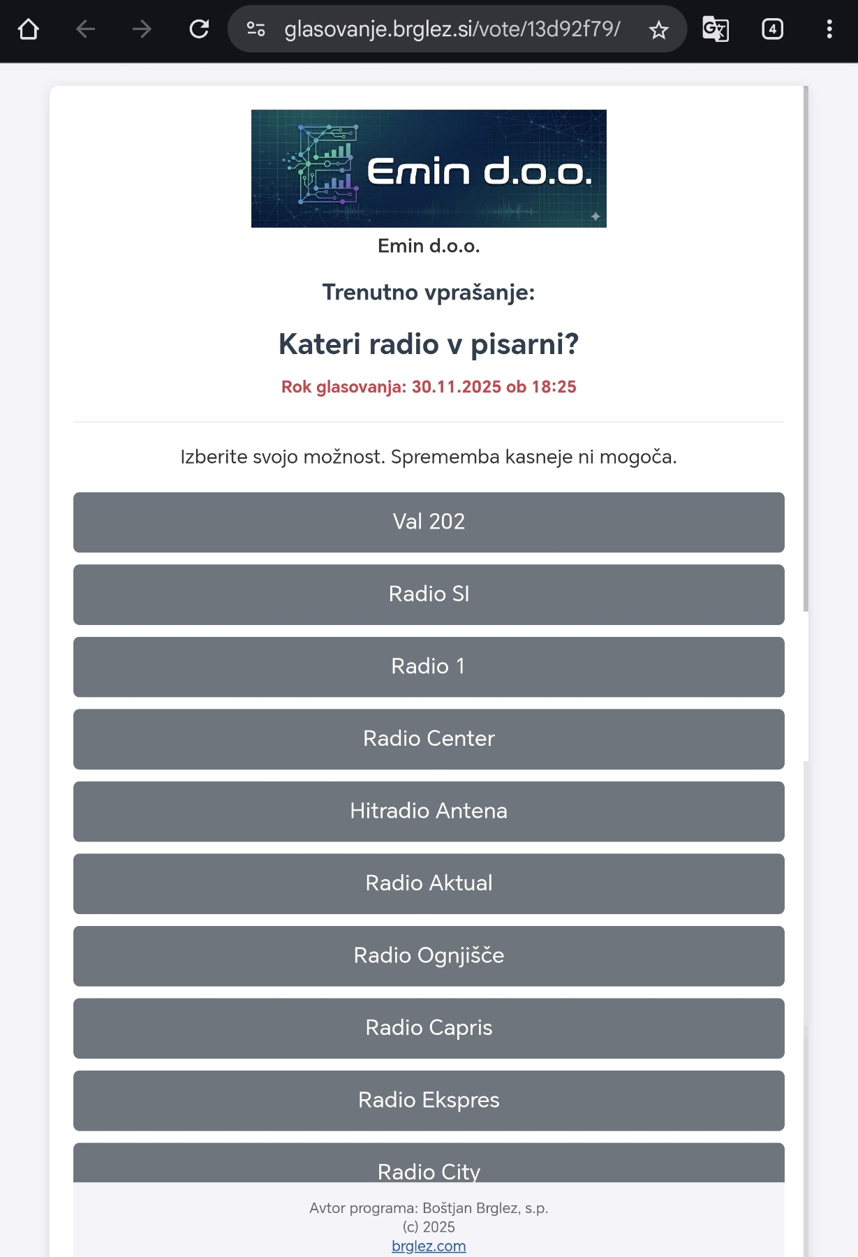Zaslon za izbiro možnosti glasovanja